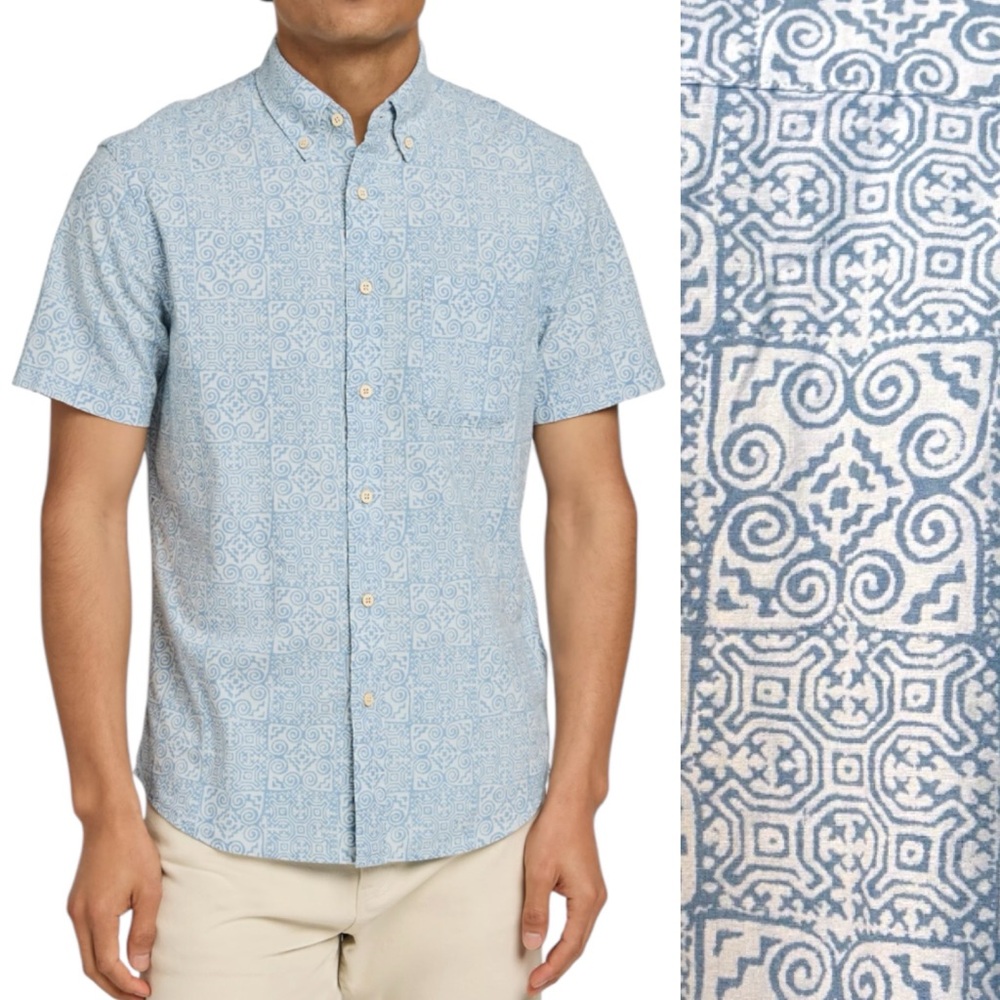 Faherty Stretch Playa Button-Down Shirt in South Pacific Geo Blue White NWT XXL